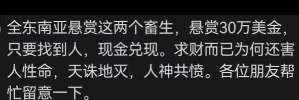 涨价了 10万美金涨价到30万美金。中国男子在西港被绑架杀害案：悬赏已经上升30万美金